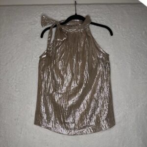 Aum Couture Gold Metallic High‎ Neck Side Tie XS Top Blouse Sleeveless
